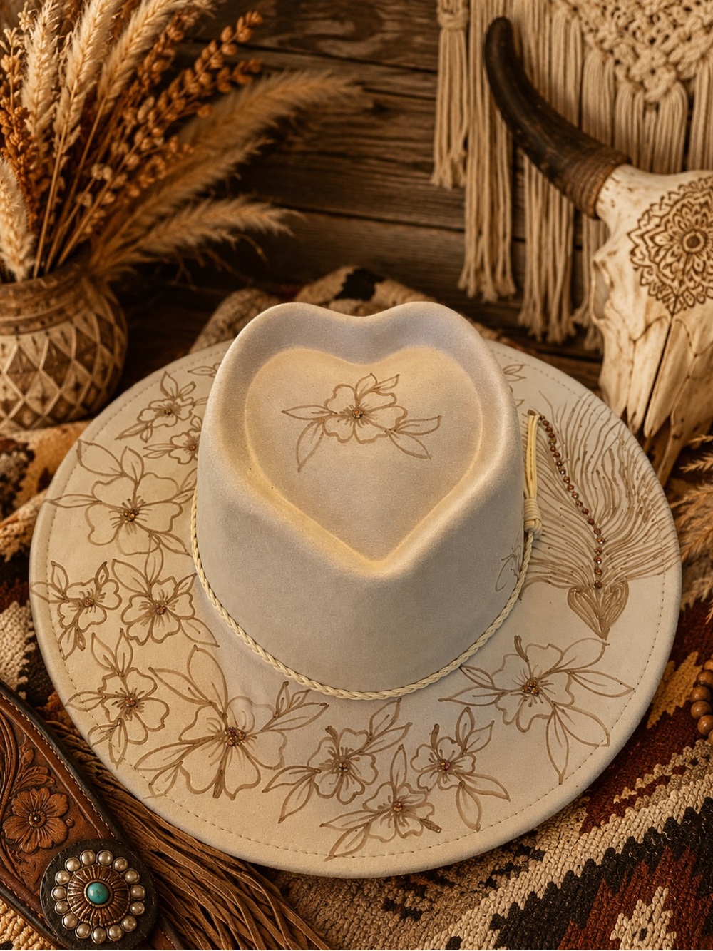 Cream engraved Heart Crown fedora Hat